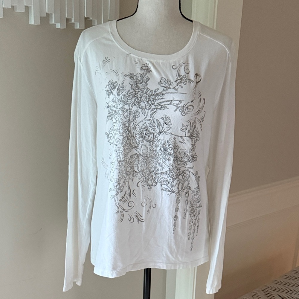 Style & Co Sport Long Sleeve T-Shirt Silver Floral Graphic Women's XL